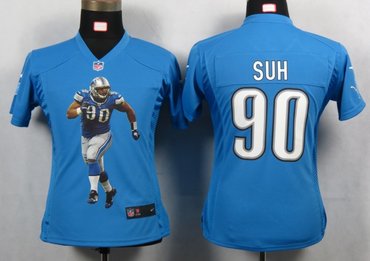2012 Womens NEW NFL Detroit Lions 90 Suh Blue Portrait Fashion Game Jerseys