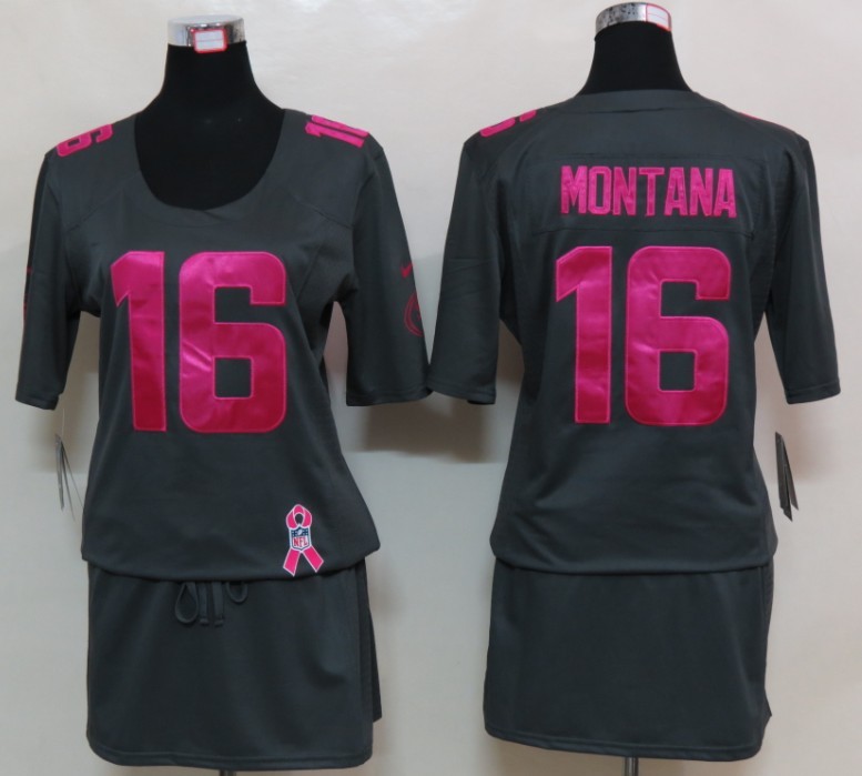 Womens NEW San Francisco 49ers 16 Montana Elite breast Cancer Awareness Dark grey Jersey