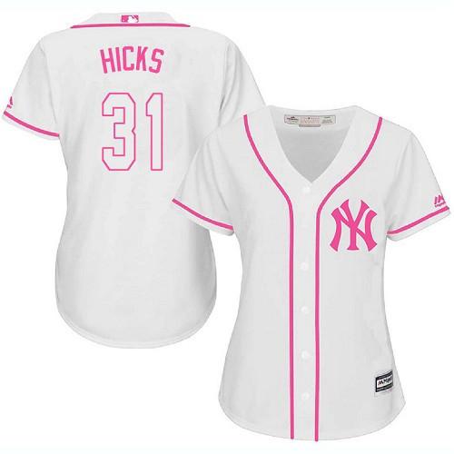 Yankees #31 Aaron Hicks White Pink Fashion Women's Stitched MLB Jersey