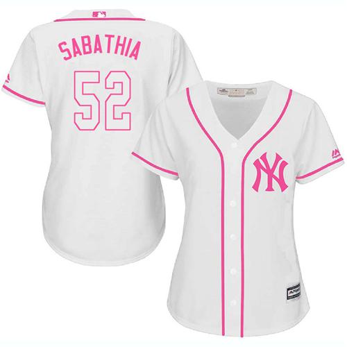 Yankees #52 C.C. Sabathia White Pink Fashion Women's Stitched MLB Jersey