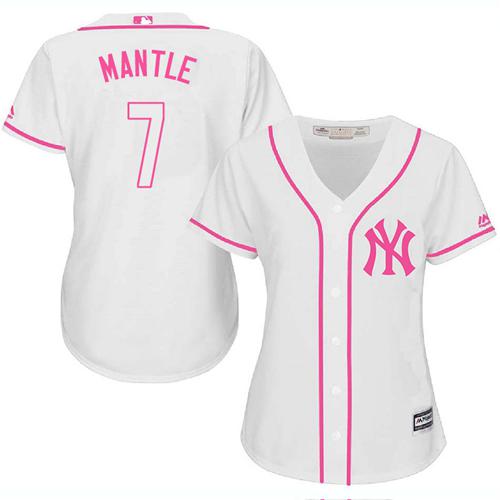 Yankees #7 Mickey Mantle White Pink Fashion Women's Stitched MLB Jersey