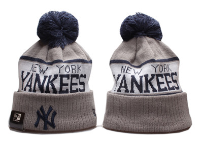 Yankees Team Logo Gray Wordmark Cuffed Pom Knit Hat YP