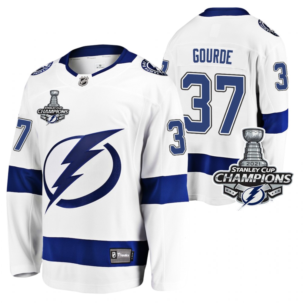 Yanni Gourde Lightning 2021 Stanley Cup Champions White Away Jersey