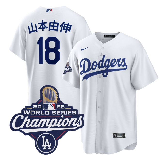 Yoshinobu Yamamoto Kanji Los Angeles Dodgers Home 2025 World Series Champions Jersey