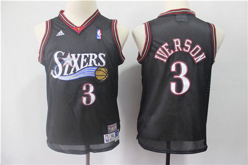 Youth 76ers 3 Allen Iverson Black Youth Hardwood Classics Jersey