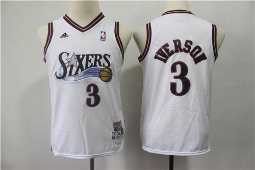 Youth 76ers 3 Allen Iverson White Youth Hardwood Classics Jersey