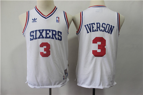 Youth 76ers 3 Allen Iverson White Youth Hardwood Classics Throwback Jersey