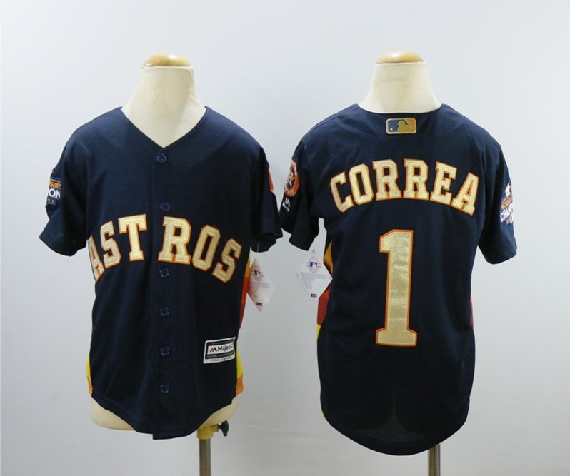 Youth Astros 1 Carlos Correa Navy Youth 2018 Gold Program Cool Base Jersey