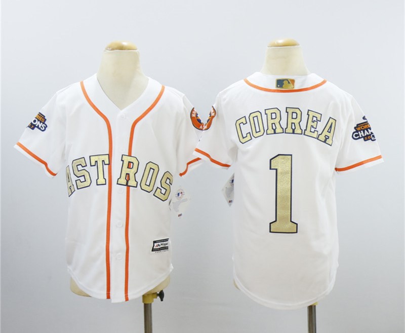 Youth Astros 1 Carlos Correa White Youth 2018 Gold Program Cool Base Jersey