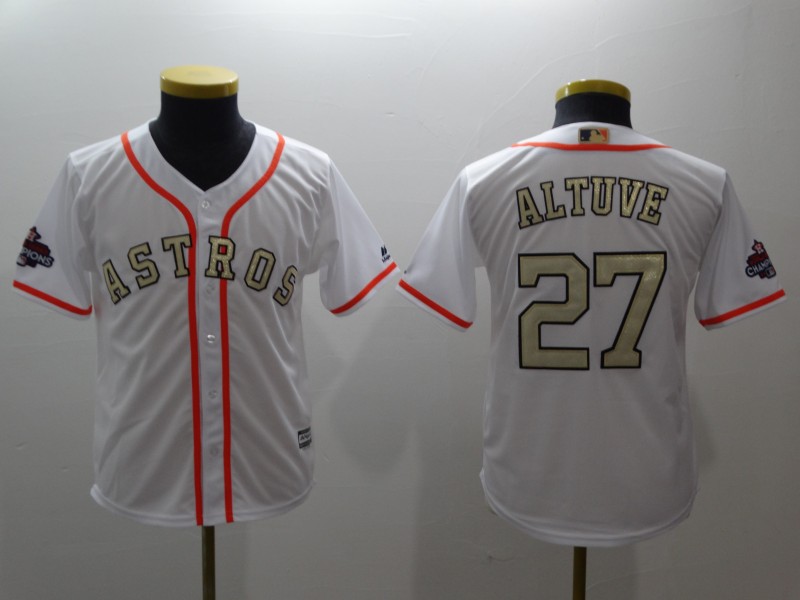 Youth Astros 27 Jose Altuve White Youth 2017 World Series Champions Cool Base Player Jersey