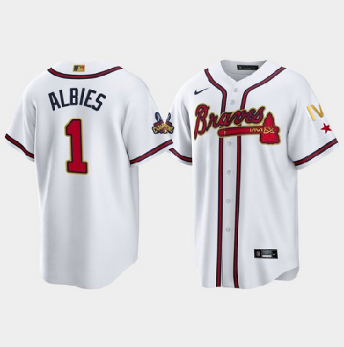 Youth Atlanta Braves #1 Ozzie Albies 2022 White Gold World Series Champions Program Cool Base Stitched Jersey