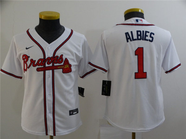 Youth Atlanta Braves #1 Ozzie Albies Nike Home White Cool Base Jersey