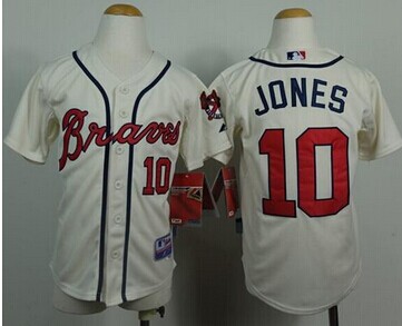Youth Atlanta Braves #10 Chipper Jones Cream Cool Base Baseball Jersey
