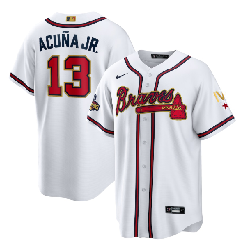 Youth Atlanta Braves #13 Ronald Acu?a Jr 2022 White Gold World Series Champions Program Cool Base Stitched Jersey