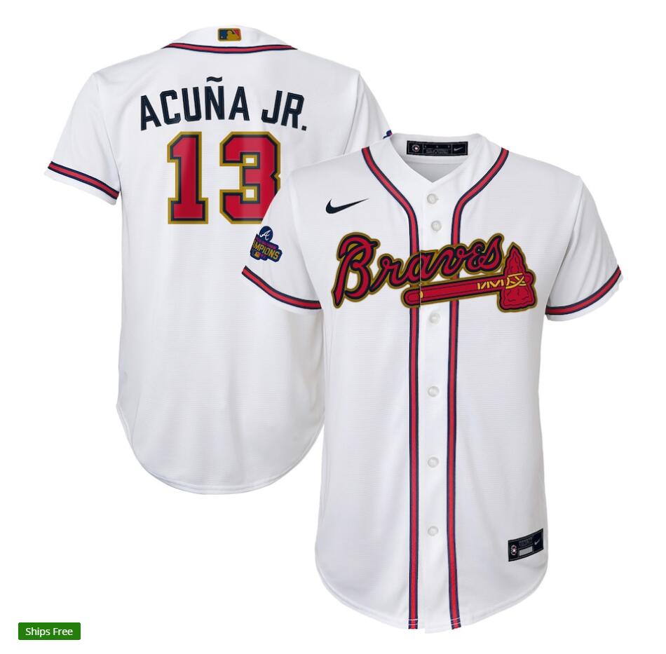 Youth Atlanta Braves #13 Ronald Acuna Jr. Nike White 2022 Gold Program Player Jersey