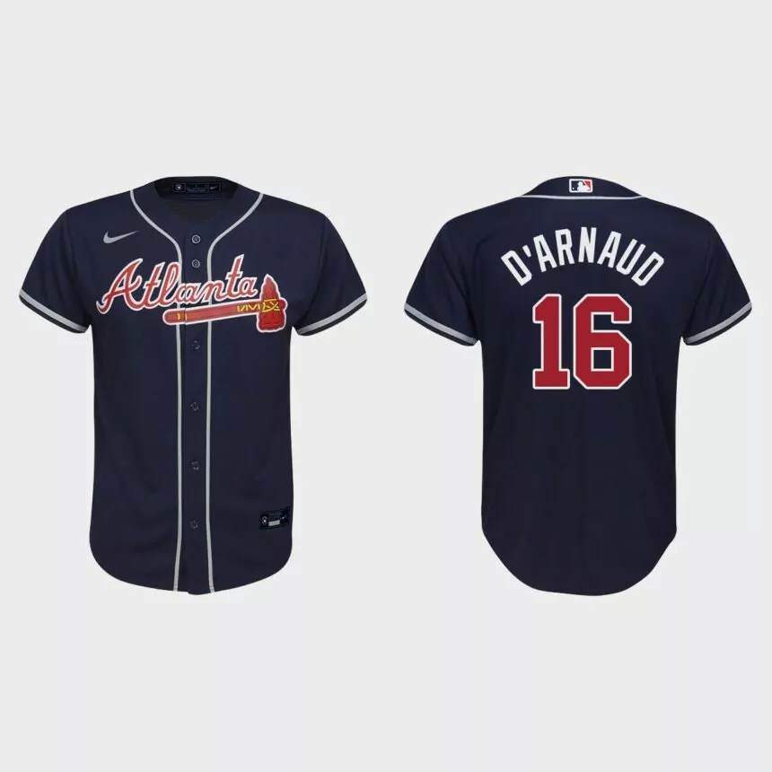 Youth Atlanta Braves #16 Travis d’Arnaud Navy Replica Alternate Jersey