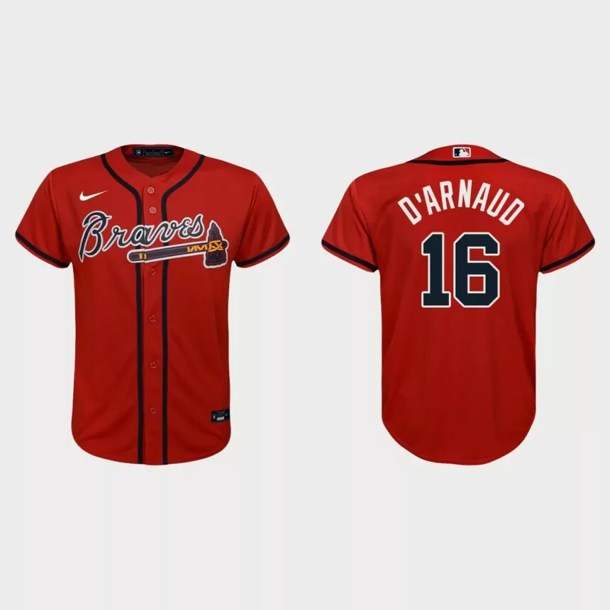 Youth Atlanta Braves #16 Travis d’Arnaud Red Replica Alternate Jersey