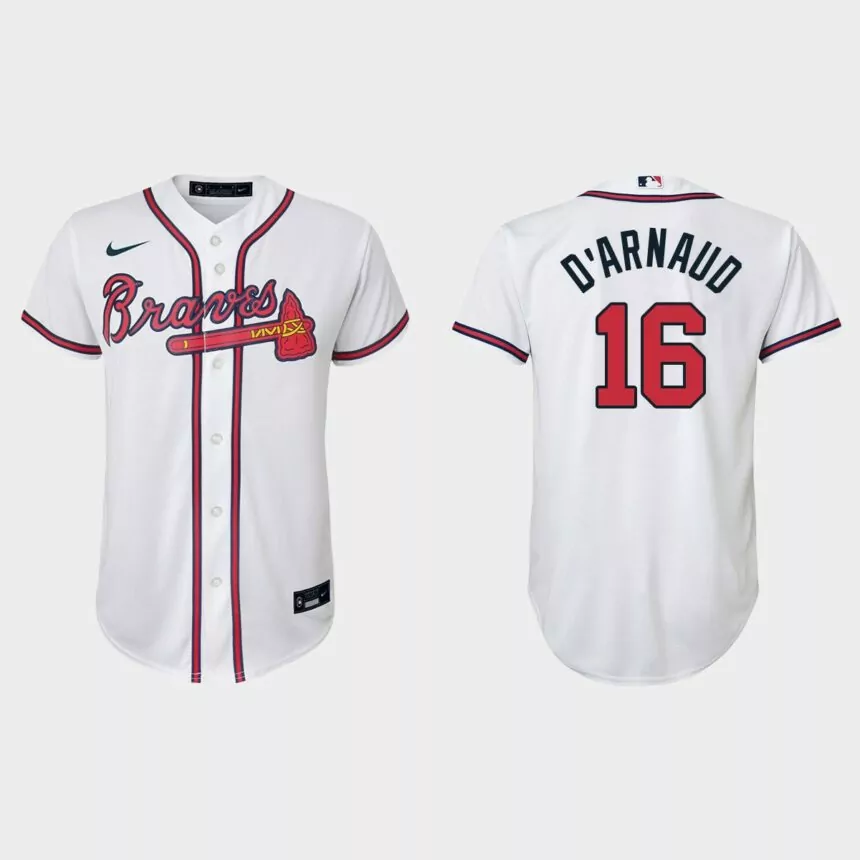 Youth Atlanta Braves #16 Travis d’Arnaud White Replica Home Jersey