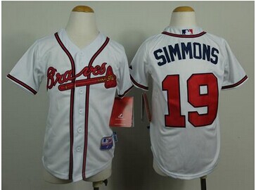 Youth Atlanta Braves #19 Andrelton Simmons White Cool Base Baseball Jersey