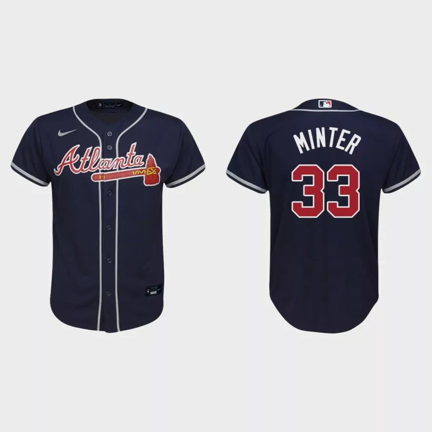Youth Atlanta Braves #33 A.J. Minter Navy Replica Alternate Jersey