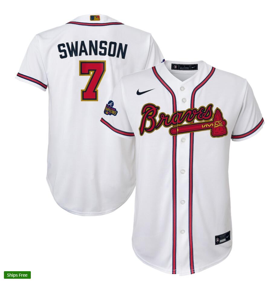 Youth Atlanta Braves #7 Dansby Swanson Nike White 2022 Gold Program Player Jersey
