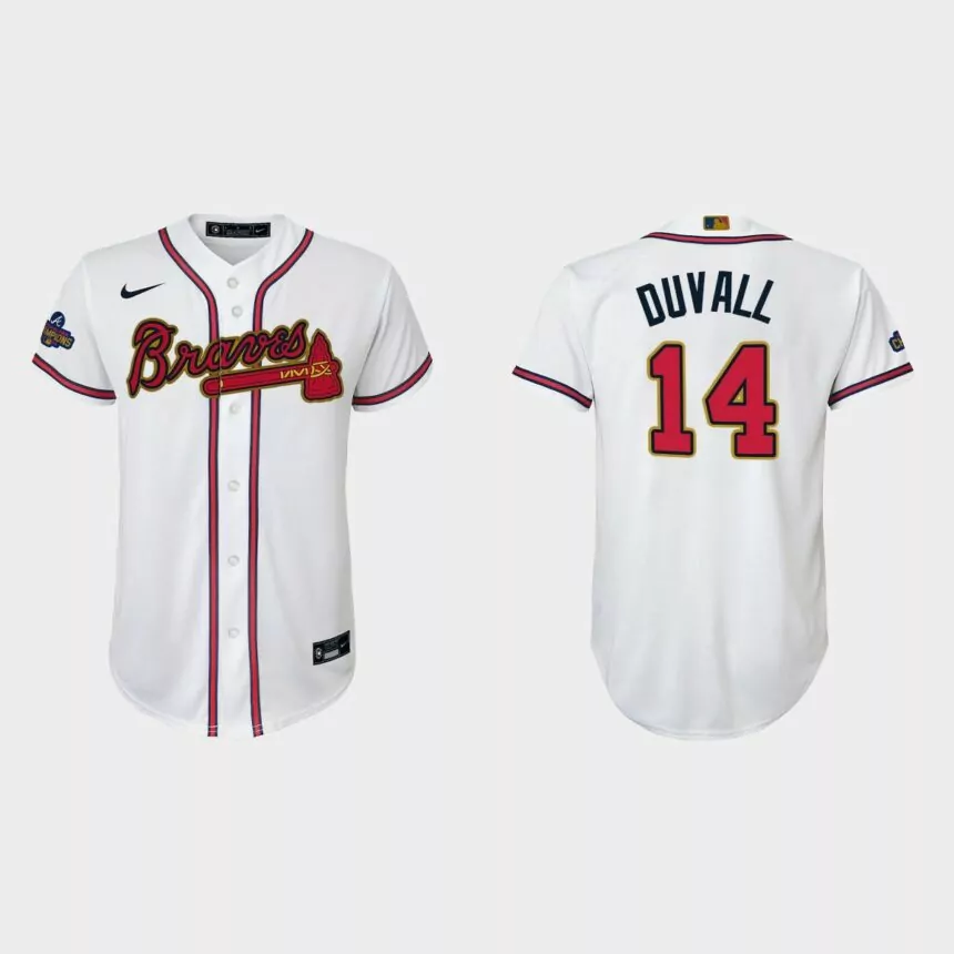 Youth Atlanta Braves Adam Duvall 2022 Gold Program White Replica Jersey