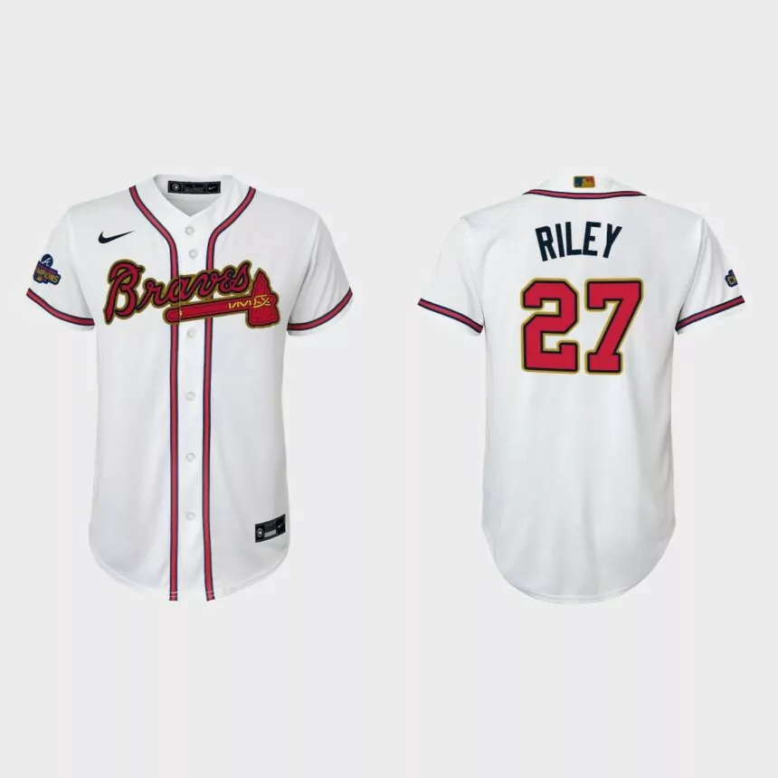 Youth Atlanta Braves Austin Riley 2022 Gold Program White Replica Jersey