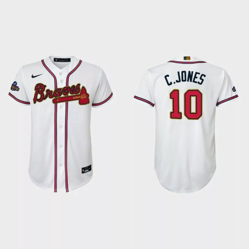 Youth Atlanta Braves Chipper Jones 2022 Gold Program White Replica Jersey