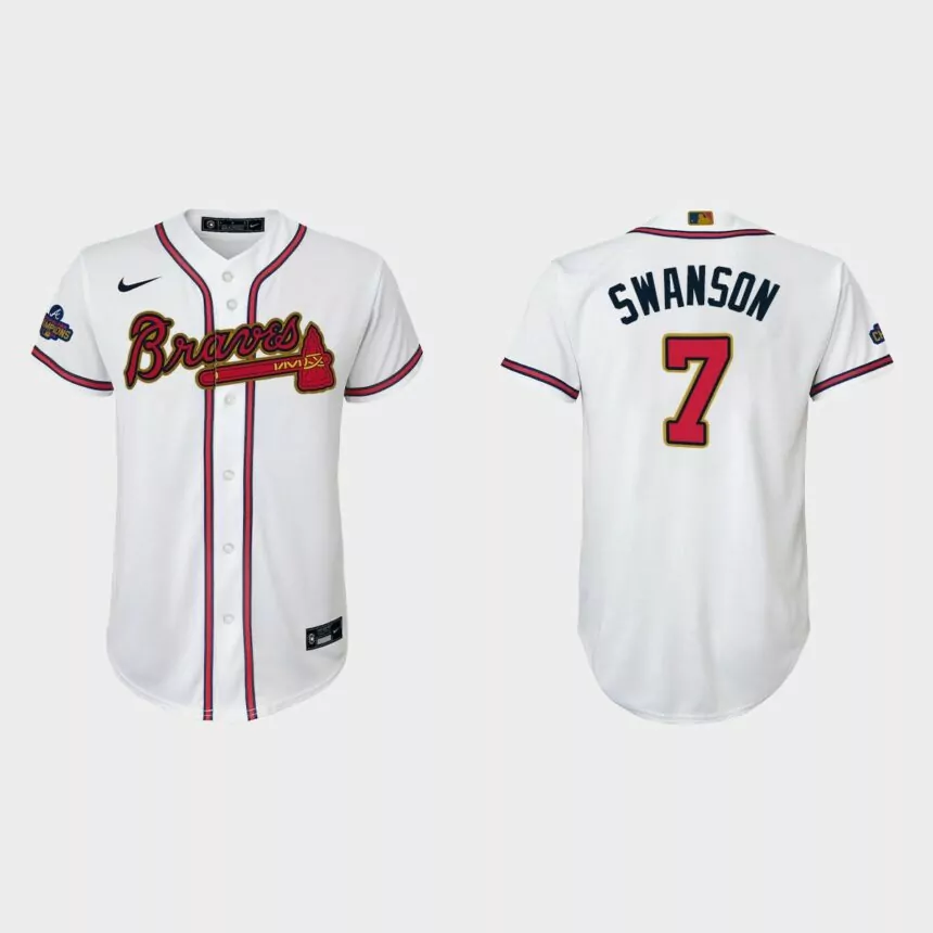Youth Atlanta Braves Dansby Swanson 2022 Gold Program White Replica Jersey