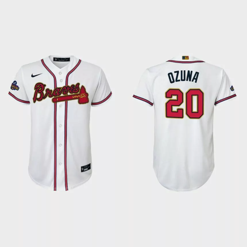 Youth Atlanta Braves Marcell Ozuna 2022 Gold Program White Replica Jersey