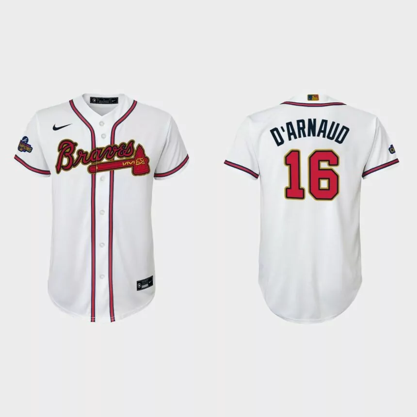 Youth Atlanta Braves Travis d’Arnaud 2022 Gold Program White Replica Jersey