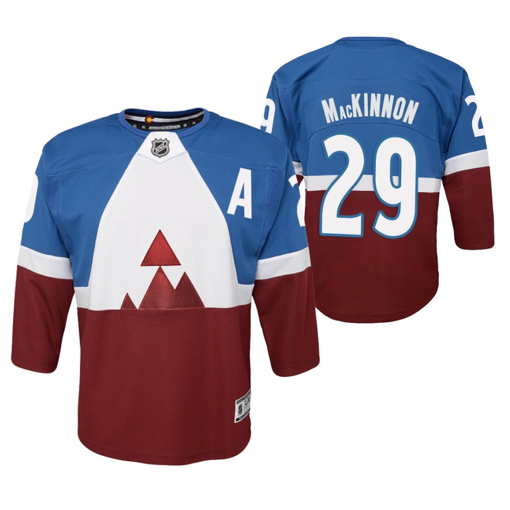 Youth Avalanche #29 Nathan MacKinnon Blue Burgundy 2020 Stadium Series Premier Player Jersey