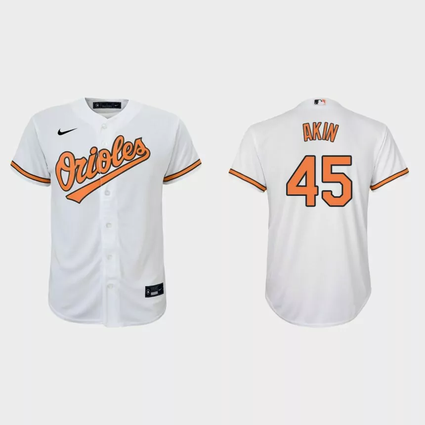 Youth Baltimore Orioles #45 Keegan Akin White Replica Home Jersey