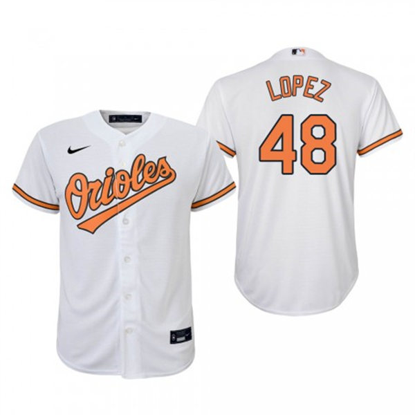 Youth Baltimore Orioles #48 Jorge Lopez White Home CoolBase Jersey