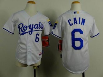 Youth Baseball Royals #6 Lorenzo Cain White Cool Base Stitched Jersey