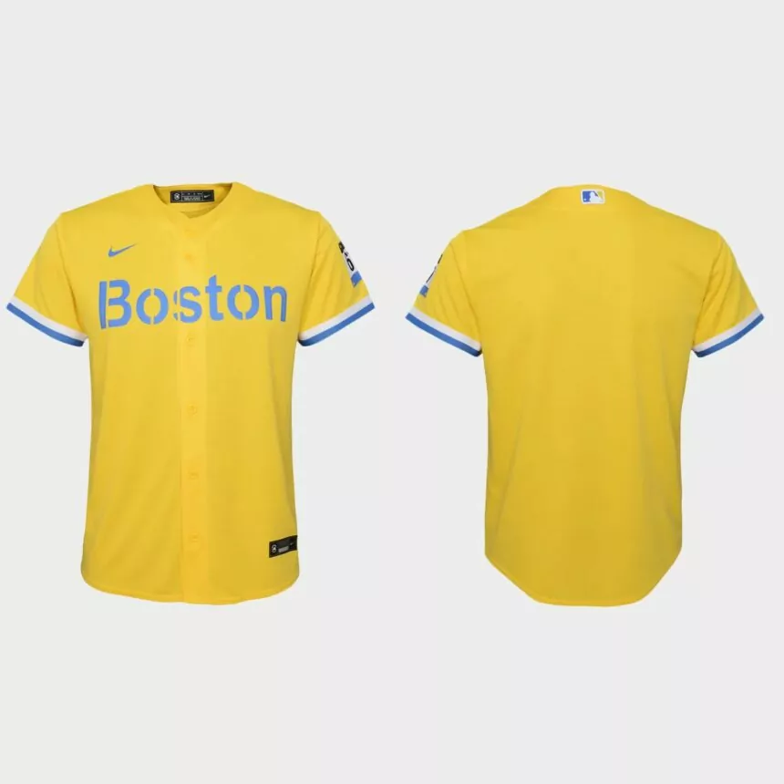 Youth Boston Red Sox # Gold Light Blue 2021 City Connect Replica Jersey