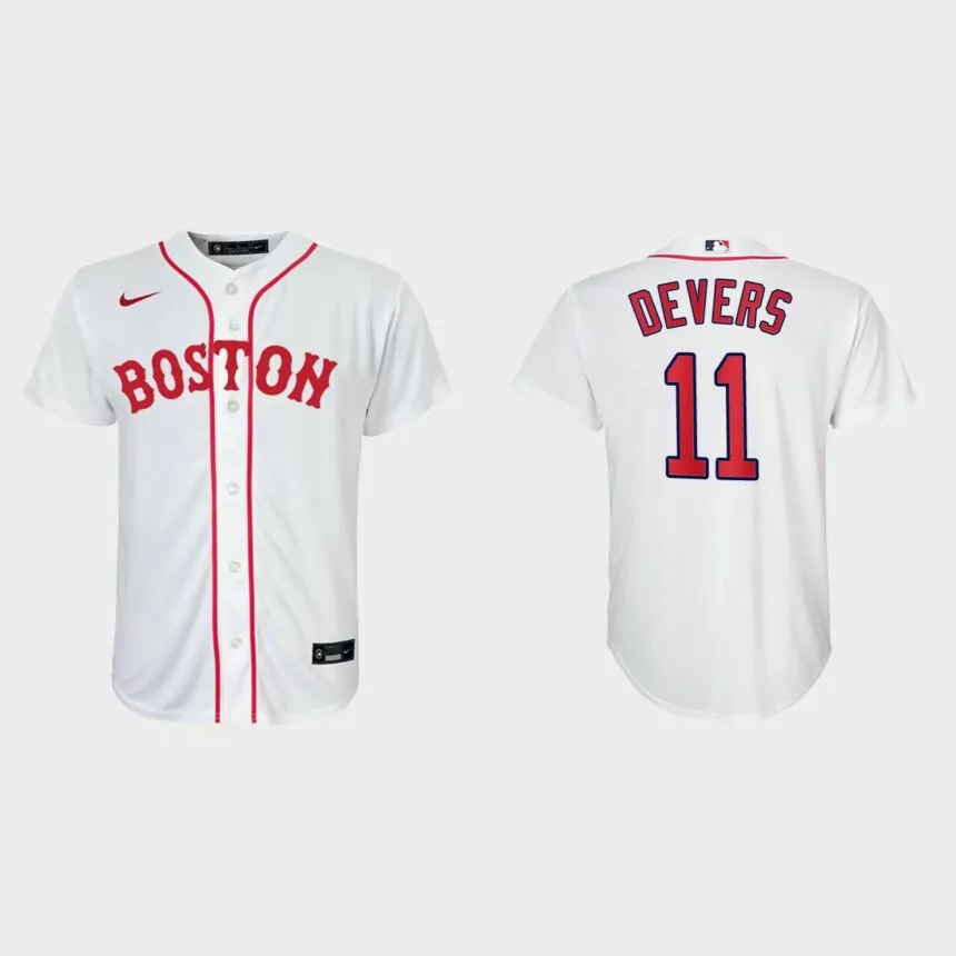 Youth Boston Red Sox #11 Rafael Devers White 2021 Patriots’ Day Replica Jersey