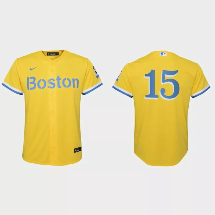 Youth Boston Red Sox #15 Dustin Pedroia Gold Light Blue 2021 City Connect Replica Jersey