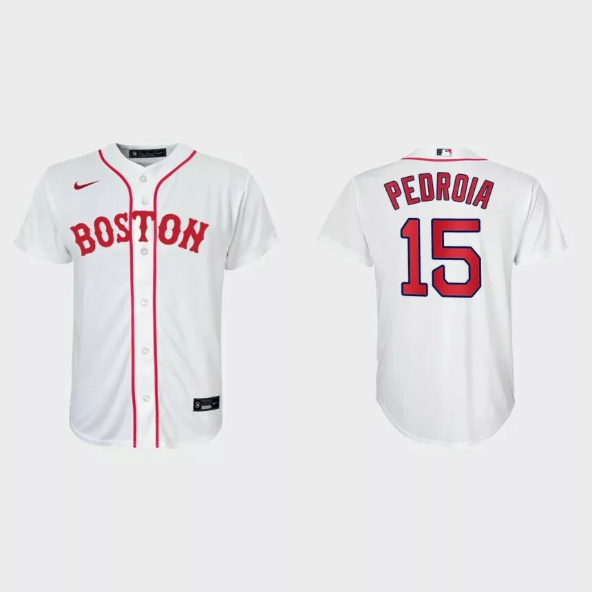 Youth Boston Red Sox #15 Dustin Pedroia White 2021 Patriots’ Day Replica Jersey