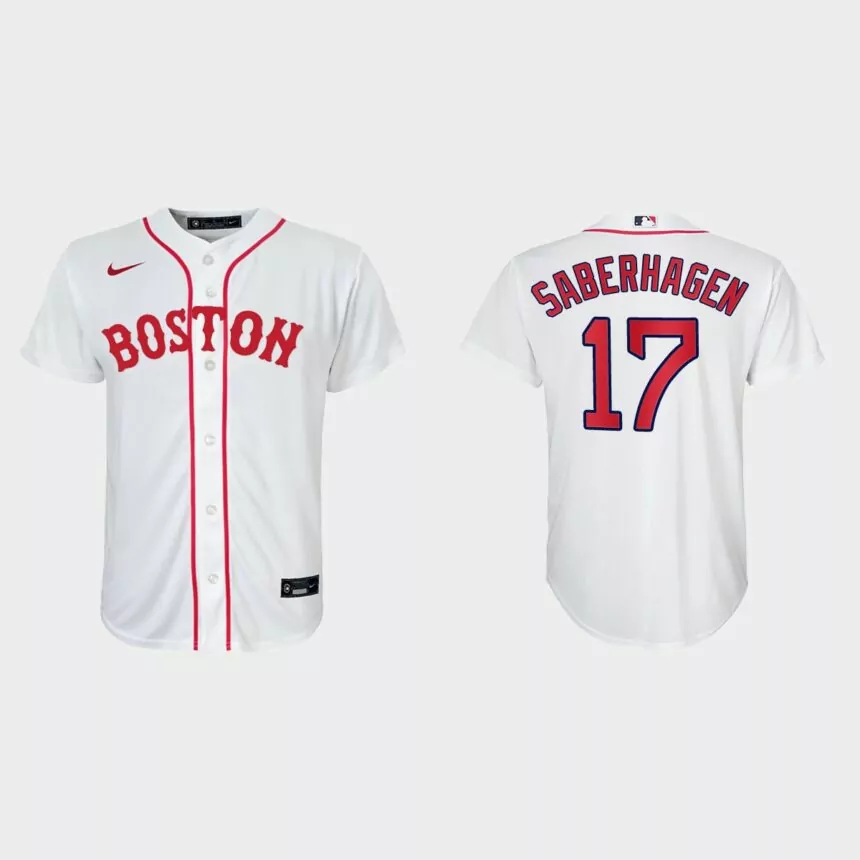 Youth Boston Red Sox #17 Bret Saberhagen White 2021 Patriots’ Day Replica Jersey