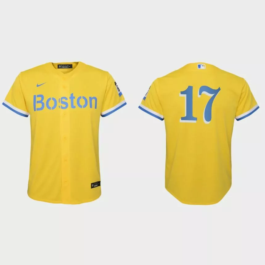 Youth Boston Red Sox #17 Nathan Eovaldi Gold Light Blue 2021 City Connect Replica Jersey