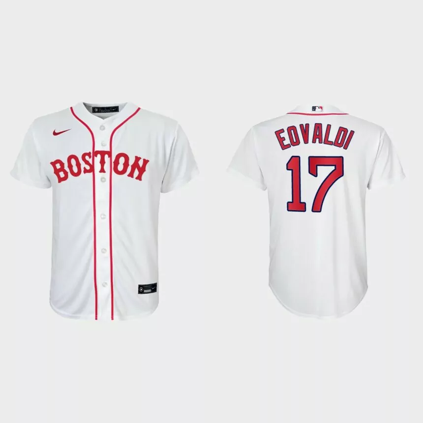 Youth Boston Red Sox #17 Nathan Eovaldi White 2021 Patriots’ Day Replica Jersey