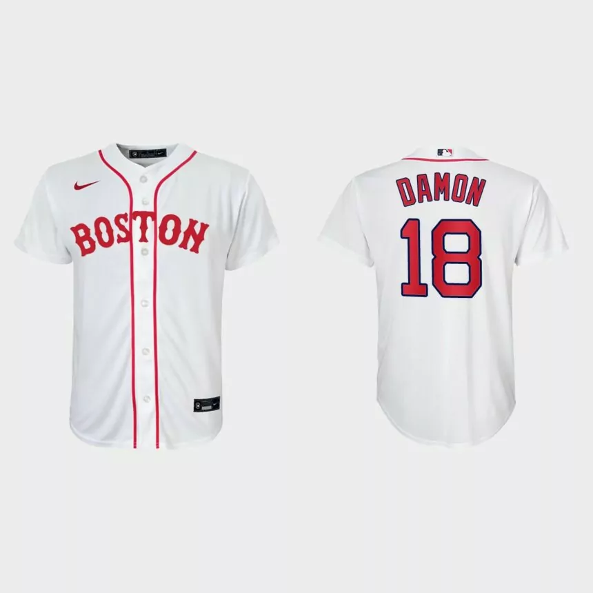 Youth Boston Red Sox #18 Johnny Damon White 2021 Patriots’ Day Replica Jersey