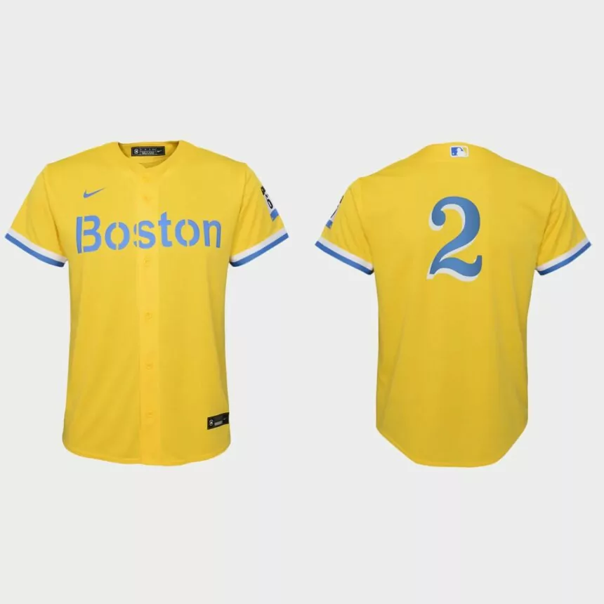 Youth Boston Red Sox #2 Xander Bogaerts Gold Light Blue 2021 City Connect Replica Jersey