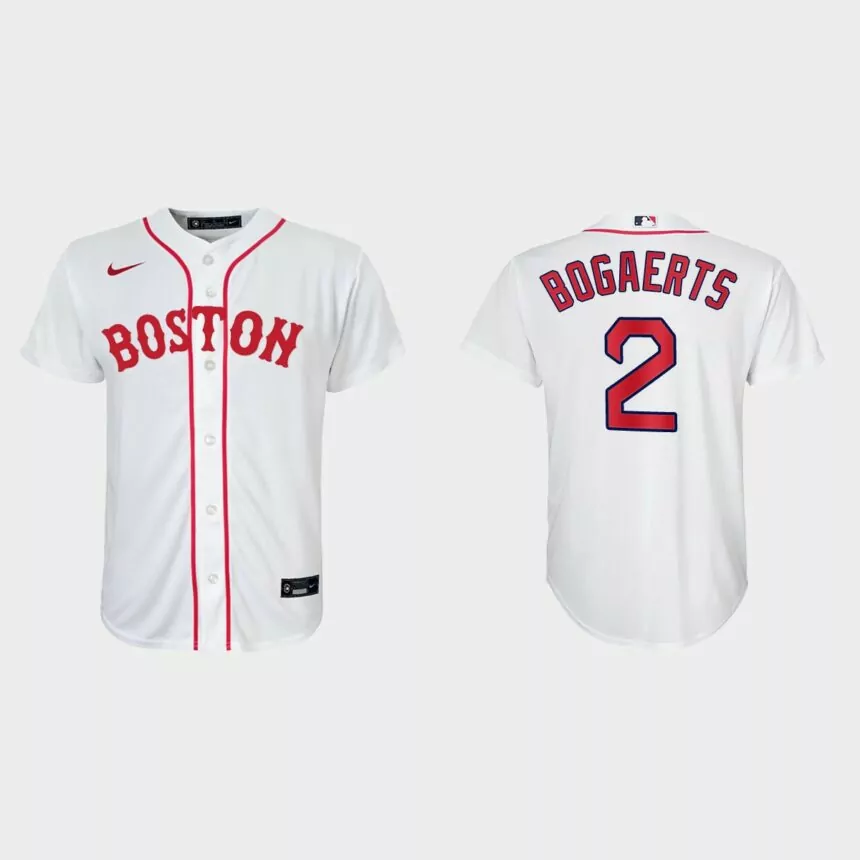 Youth Boston Red Sox #2 Xander Bogaerts White 2021 Patriots’ Day Replica Jersey