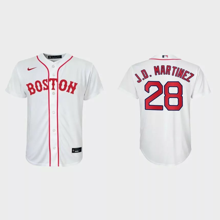 Youth Boston Red Sox #28 J.D. Martinez White 2021 Patriots’ Day Replica Jersey
