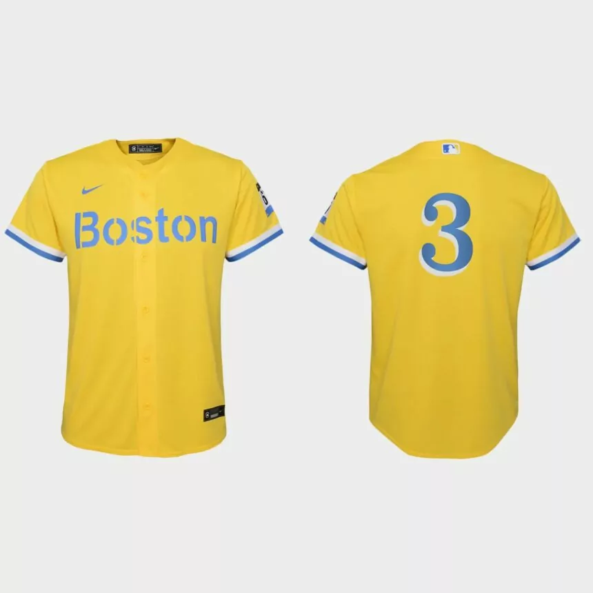 Youth Boston Red Sox #3 Jonathan Arauz Gold Light Blue 2021 City Connect Replica Jersey