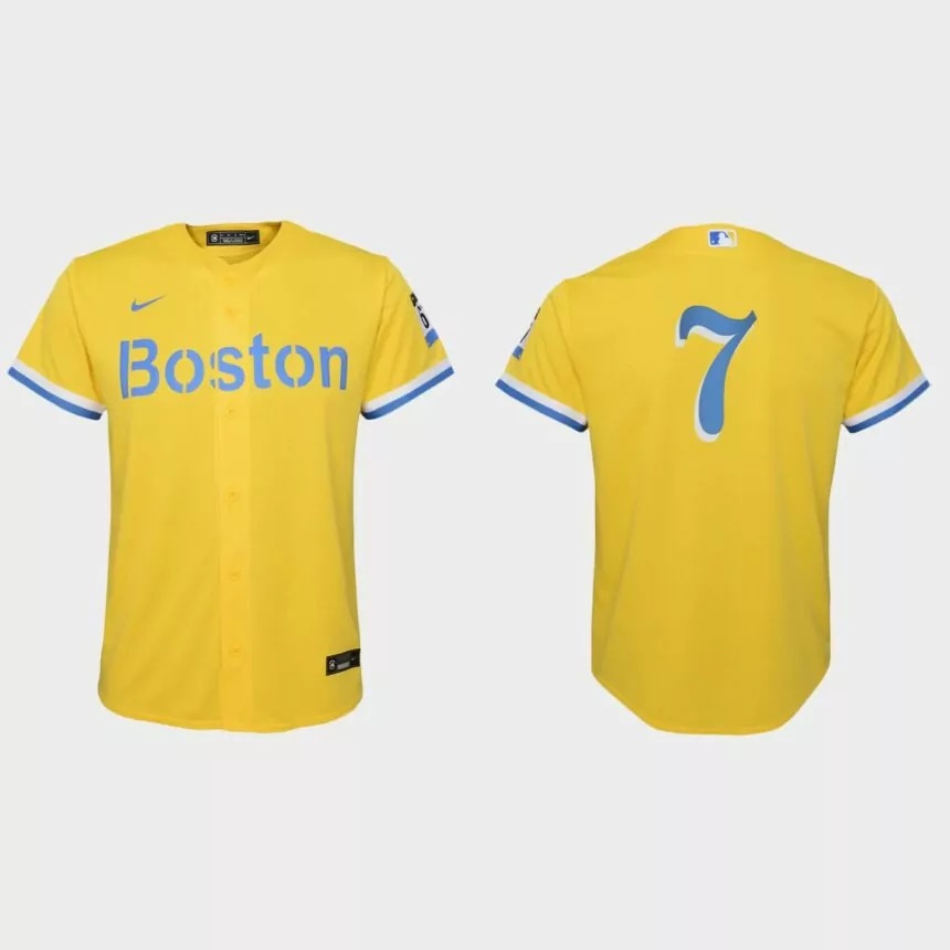 Youth Boston Red Sox #7 Christian Vazquez Gold Light Blue 2021 City Connect Replica Jersey