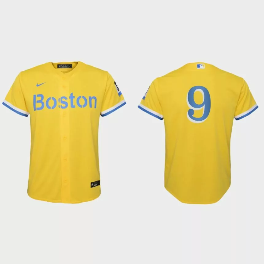 Youth Boston Red Sox #9 Ted Williams Gold Light Blue 2021 City Connect Replica Jersey