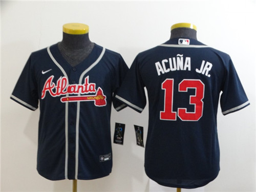 Youth Braves 13 Ronald Acuna Jr. Nave Youth 2020 Nike Cool Base Jersey
